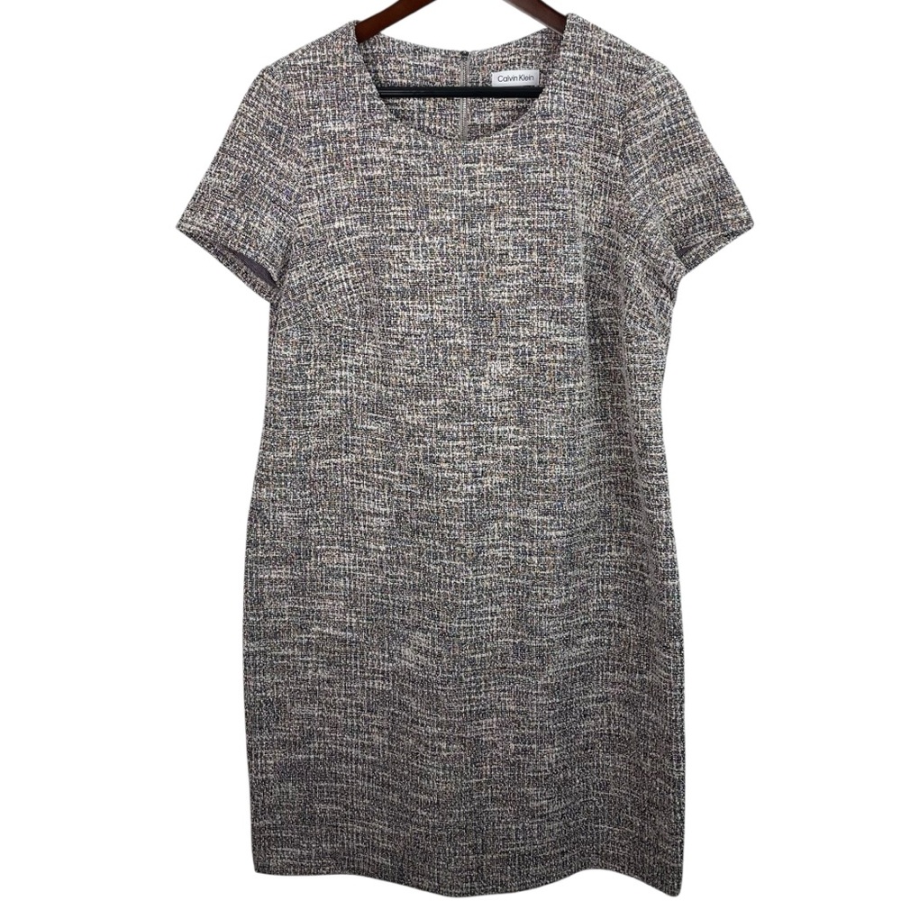 Calvin Klein | Silver Gray Tweed Printed Short Sleeve Shift Dress